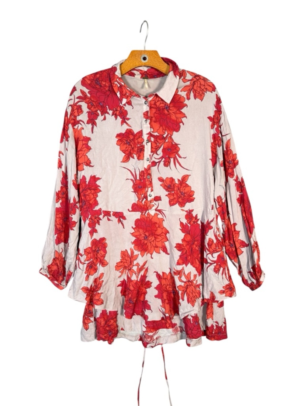 Free People Floral Long Sleeve Mini Dress Boho Grey Red OVersized XS - Picture 1 of 9